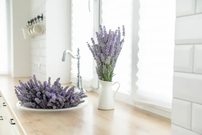 A bouquet of lavender in the interior of a stylish kitchen.